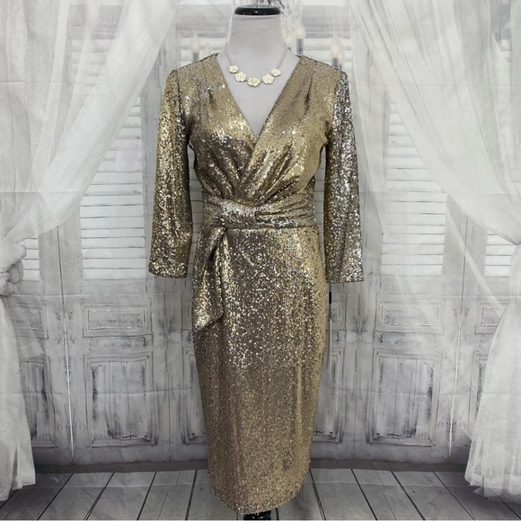 Calvin Klein Gold V-Neck Faux Wrap Sequin Mesh Dress 3/4 Sleeve Sheath Coktail - Picture 1 of 9